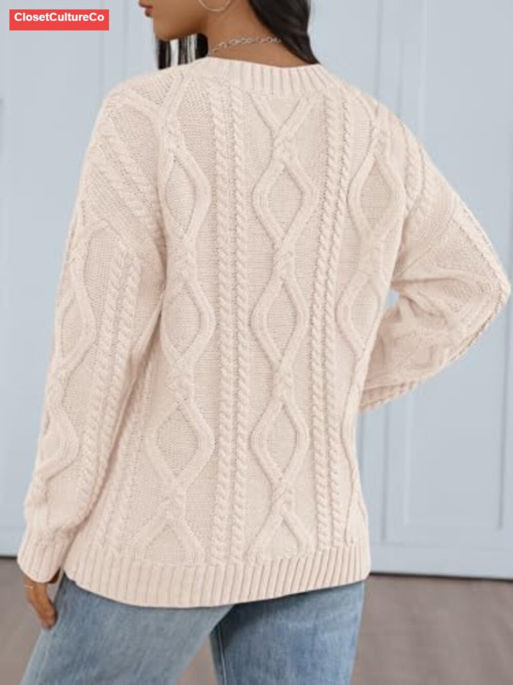 Womens V Neck Cable Knit Oversized Pullover Sweater Cotton Acrylic - Picture 3 of 5